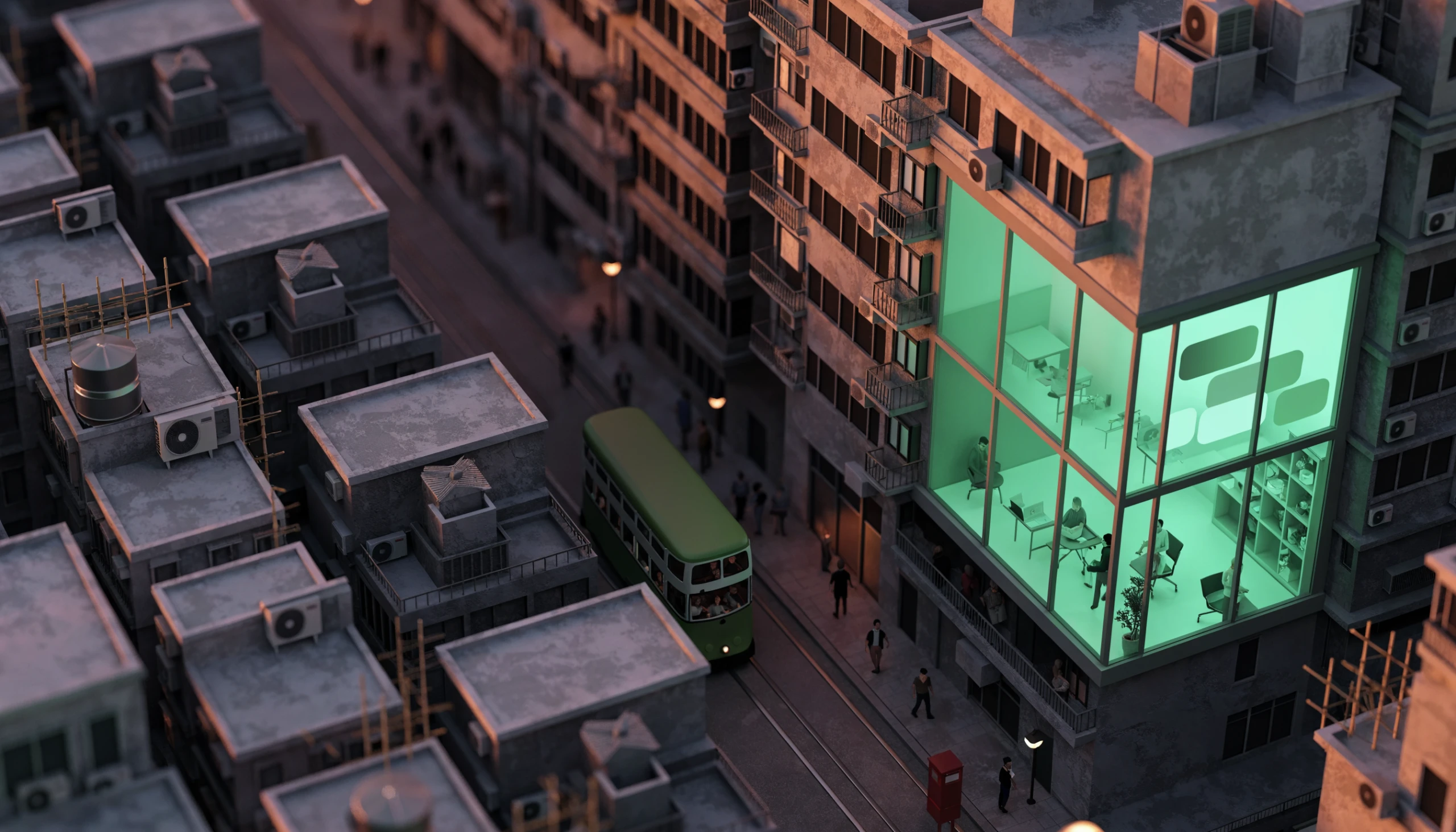 A miniature Hong Kong street at dusk: a tenement whose glass first floor is a mint-lit design studio with people working at laptops, a green tram below and a red post box on the pavement.