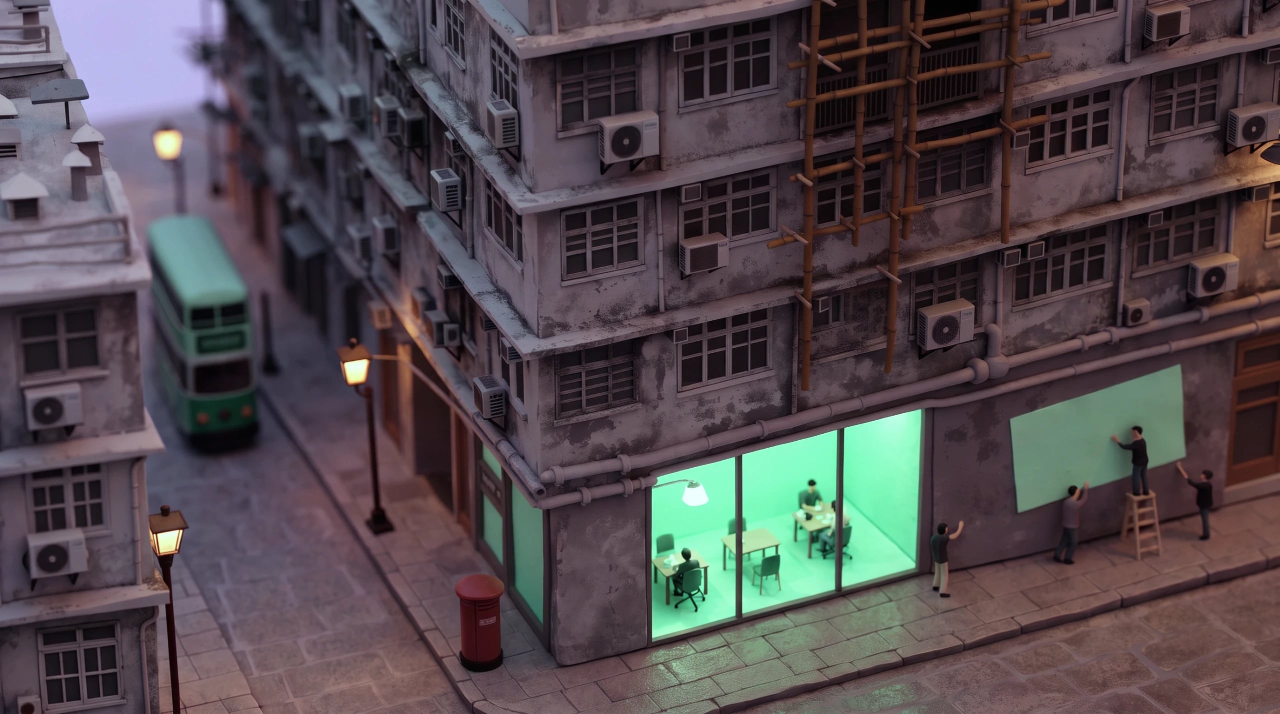 A miniature Hong Kong street at dusk: in a tenement's mint-lit ground-floor studio one desk sits empty between people at work, while outside a small crew on a ladder pastes a big blank mint poster onto the wall.