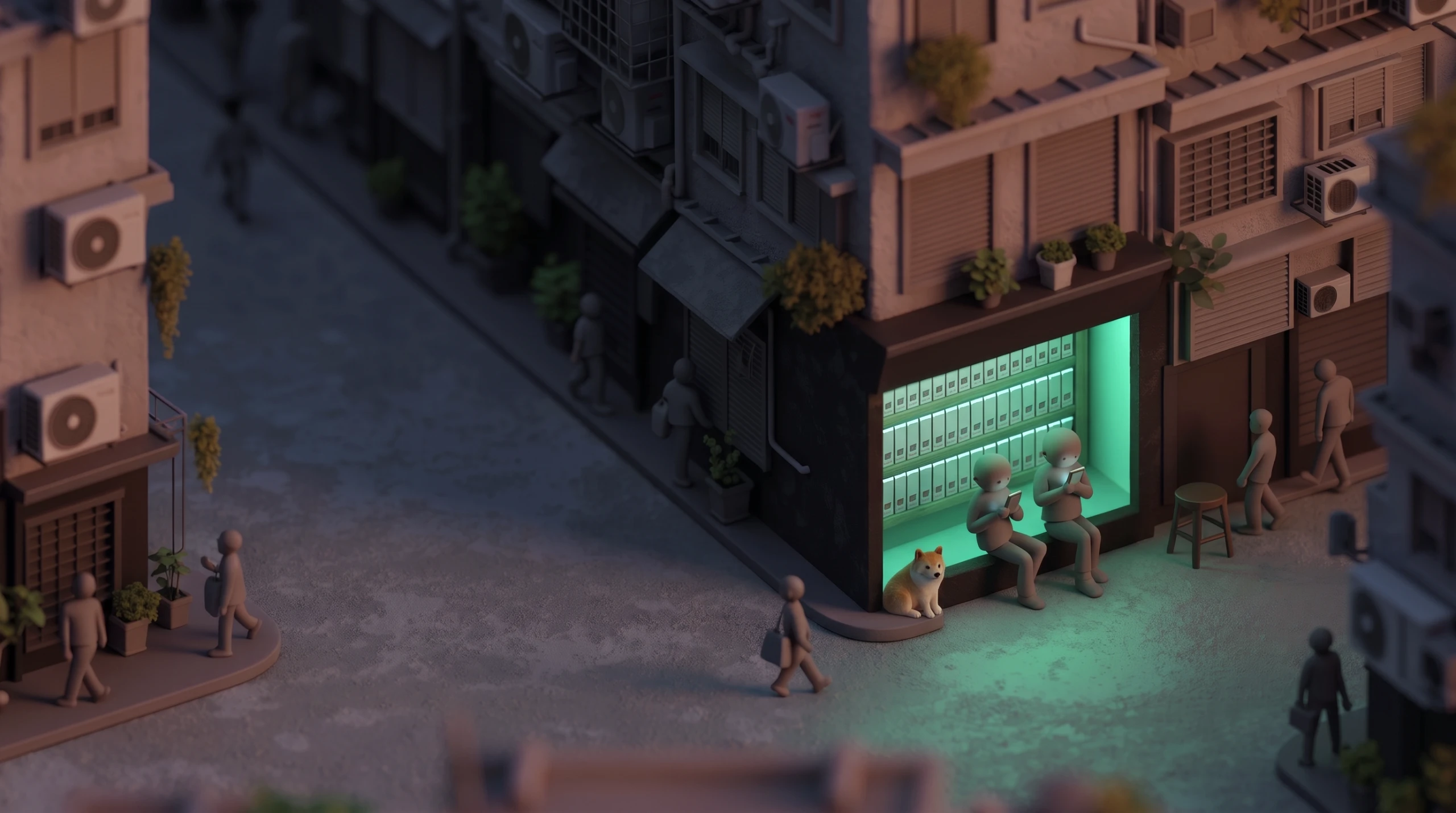 A miniature Hong Kong side street at dusk with a small mint-lit card shop, two people looking at their phones outside and a Shiba Inu sitting in the doorway.